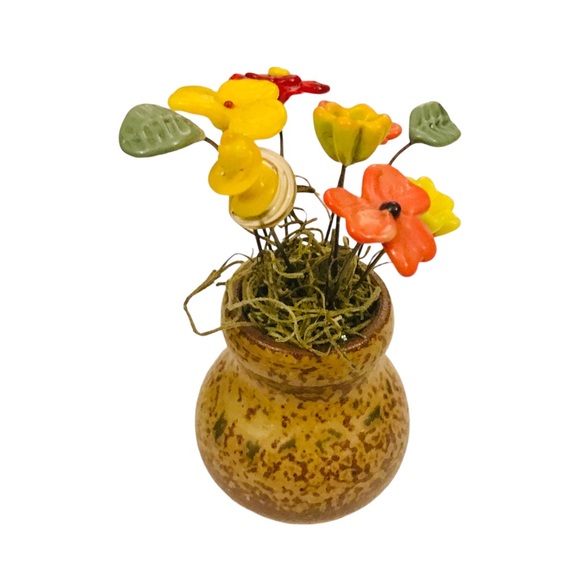 Miniature Czech Glass Flowers in Pottery Vase 5” Midcentury Vintage Boho Orange - Picture 7 of 12